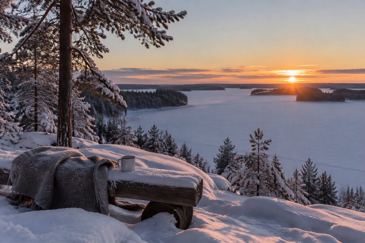 Rauhallinen uusivuosi: luminen penkki, viltti ja muki jäätyneen järven rannalla talvisessa auringonlaskussa